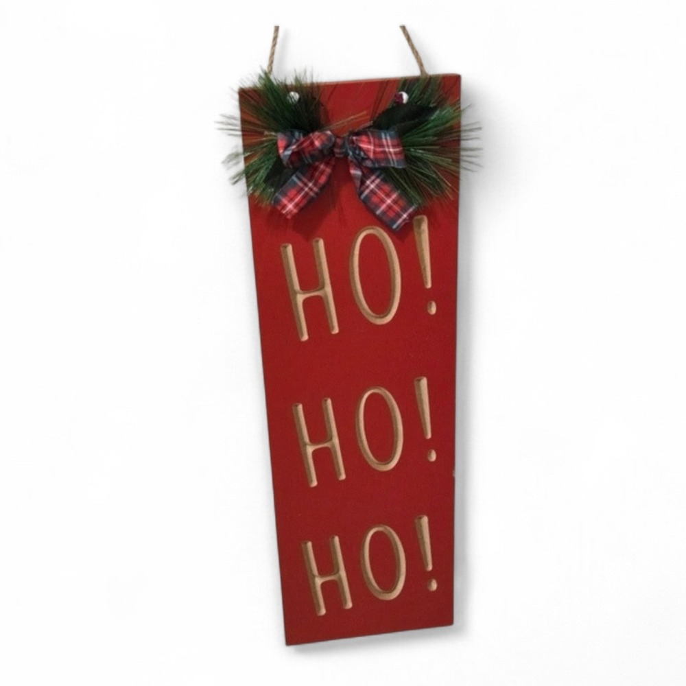 Red Ho Ho Ho Wooden Holiday Wall Hanging Sign Red‎ Buffalo Check Bow